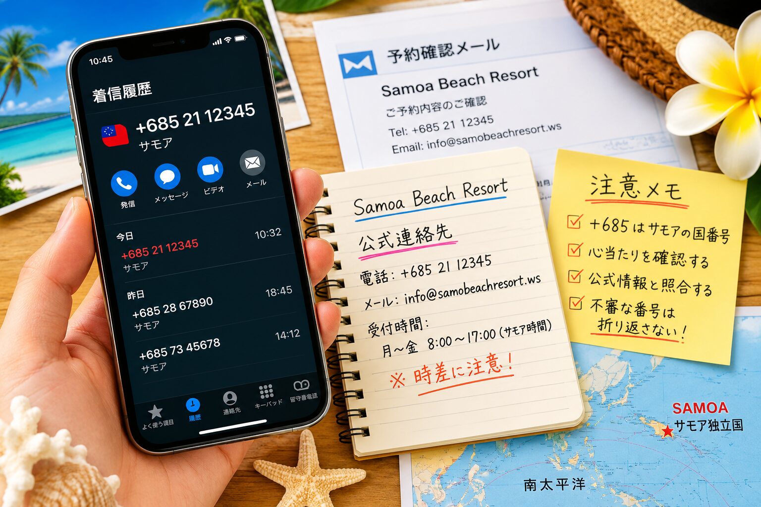 スマートフォンに+685から始まる着信履歴が表示され、横にサモア旅行の予約メール、公式連絡先メモ、注意メモを並べて照合しているイメージ。無料写真素材で、スマホ、着信履歴、旅行書類、メモが自然に写った画像を使用する