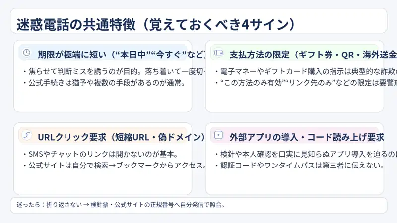 迷惑電話の共通特徴を図示したイメージ。期限が極端に短い・支払方法の限定・URLクリック要求・外部アプリ誘導など(フリー素材で代替可)。