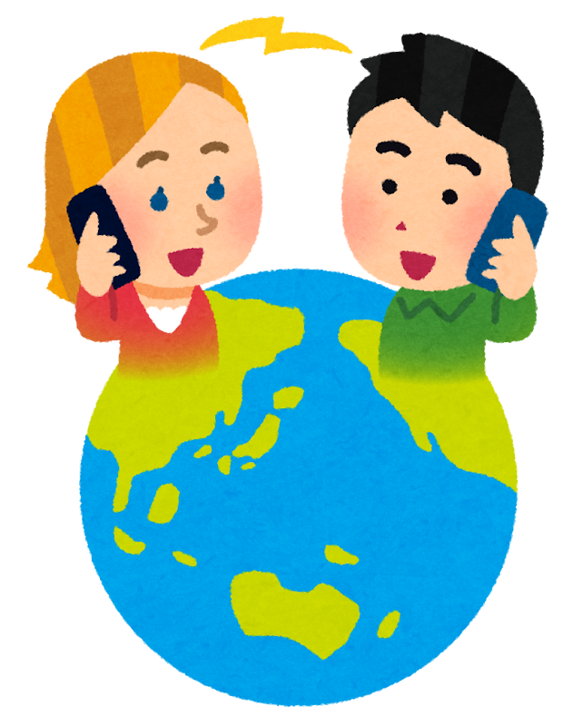 スマホで国際電話をかけている人物の無料素材イラスト
