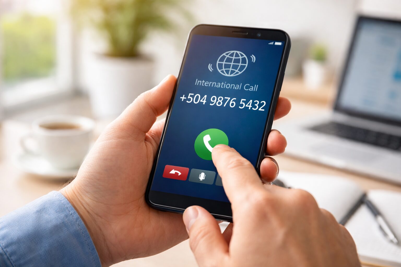 スマートフォンで海外へ国際電話をかけている様子の写真