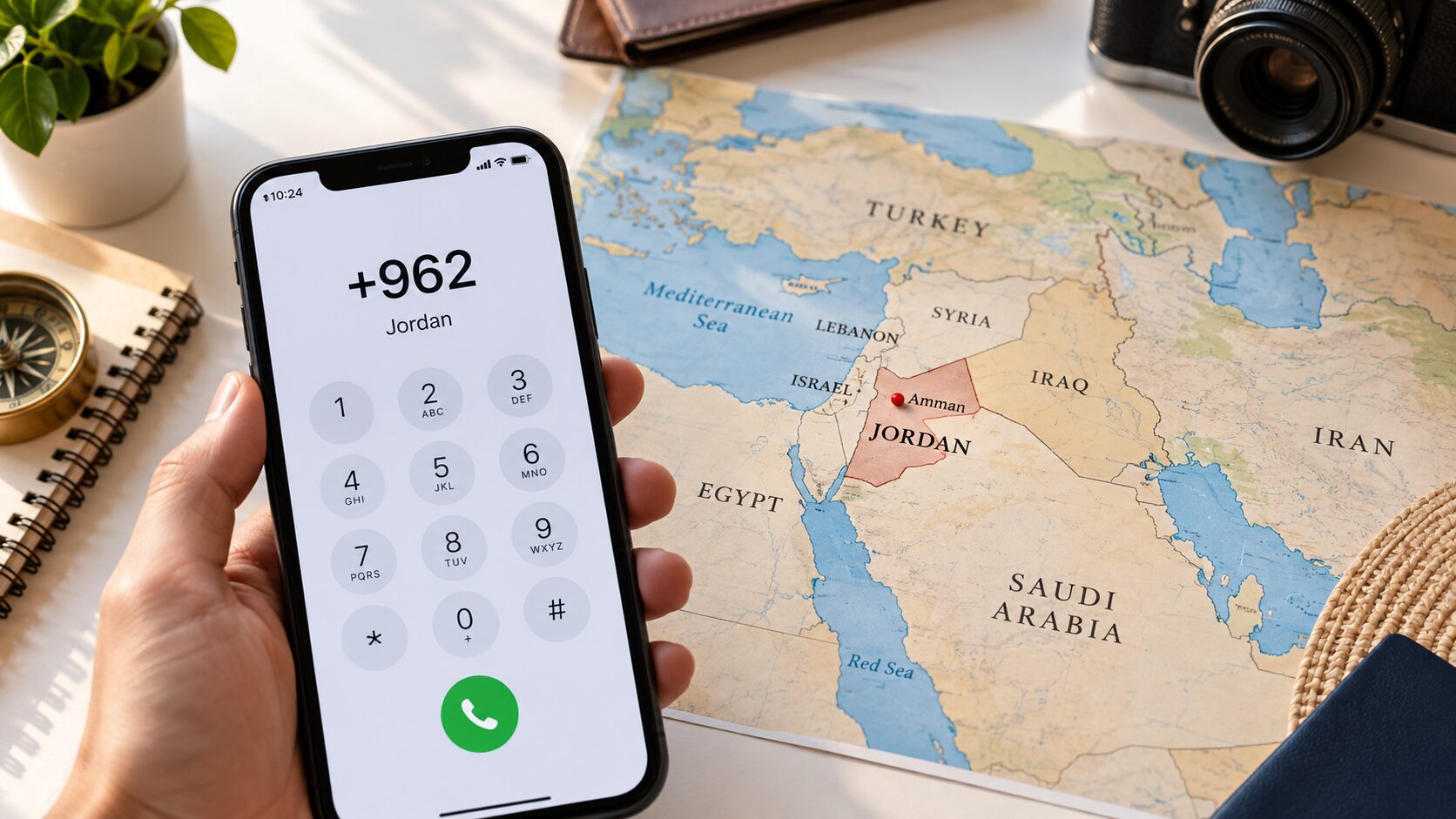 ヨルダンの位置が分かる中東の地図とスマートフォンを写し、画面に国番号+962が表示されている写真。ヨルダンの国番号を説明する記事に合う無料素材