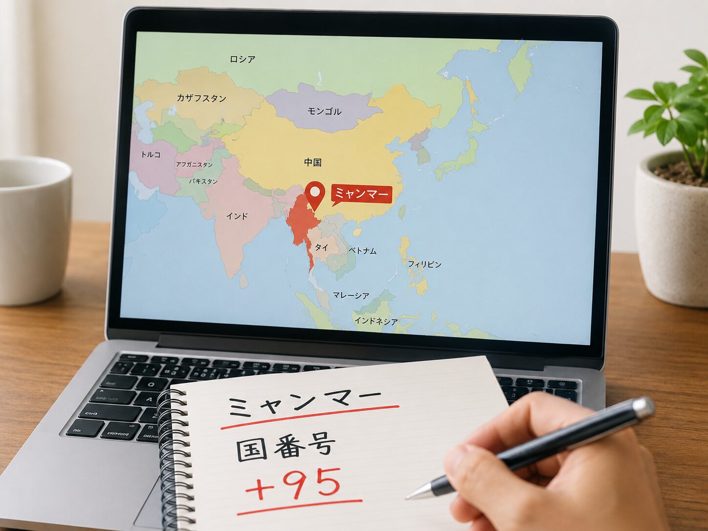 ミャンマーの位置と国番号+95を確認している地図のイメージ