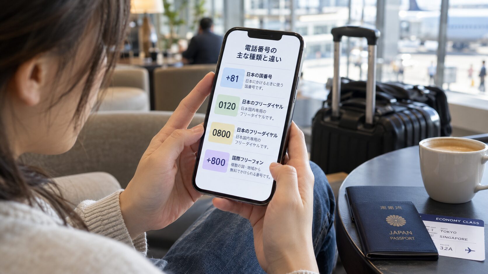 海外旅行中の人物がスマートフォンで日本の国番号+81、0120、0800、国際フリーフォン+800の違いを比較している写真