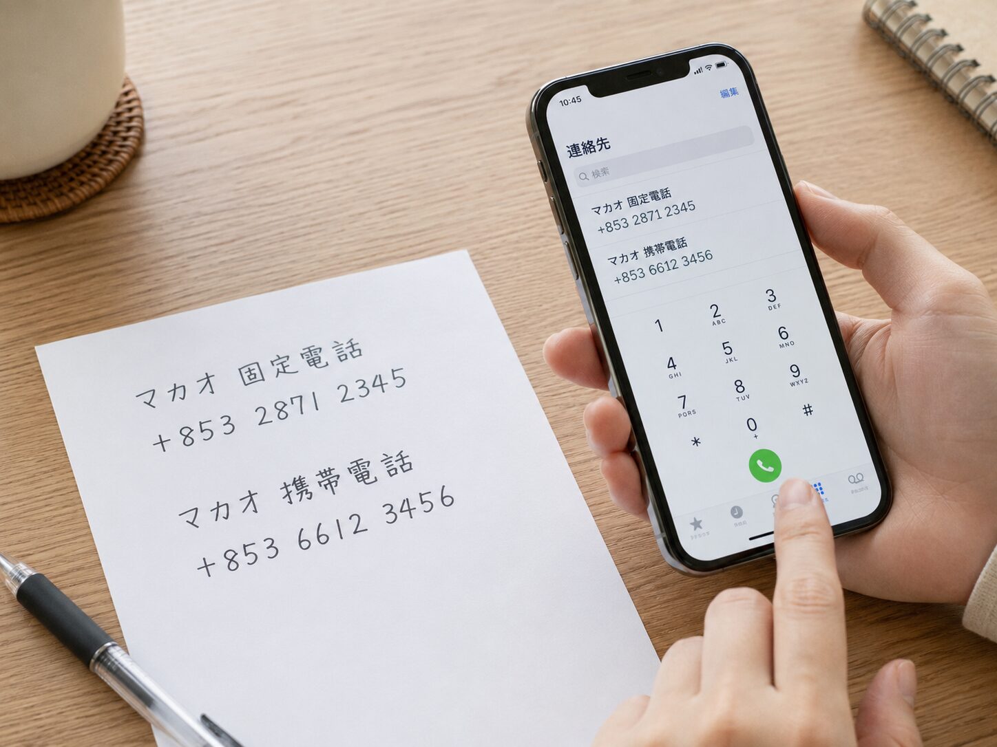 マカオの固定電話番号と携帯電話番号を+853形式でメモし、スマホで入力確認しているイメージ