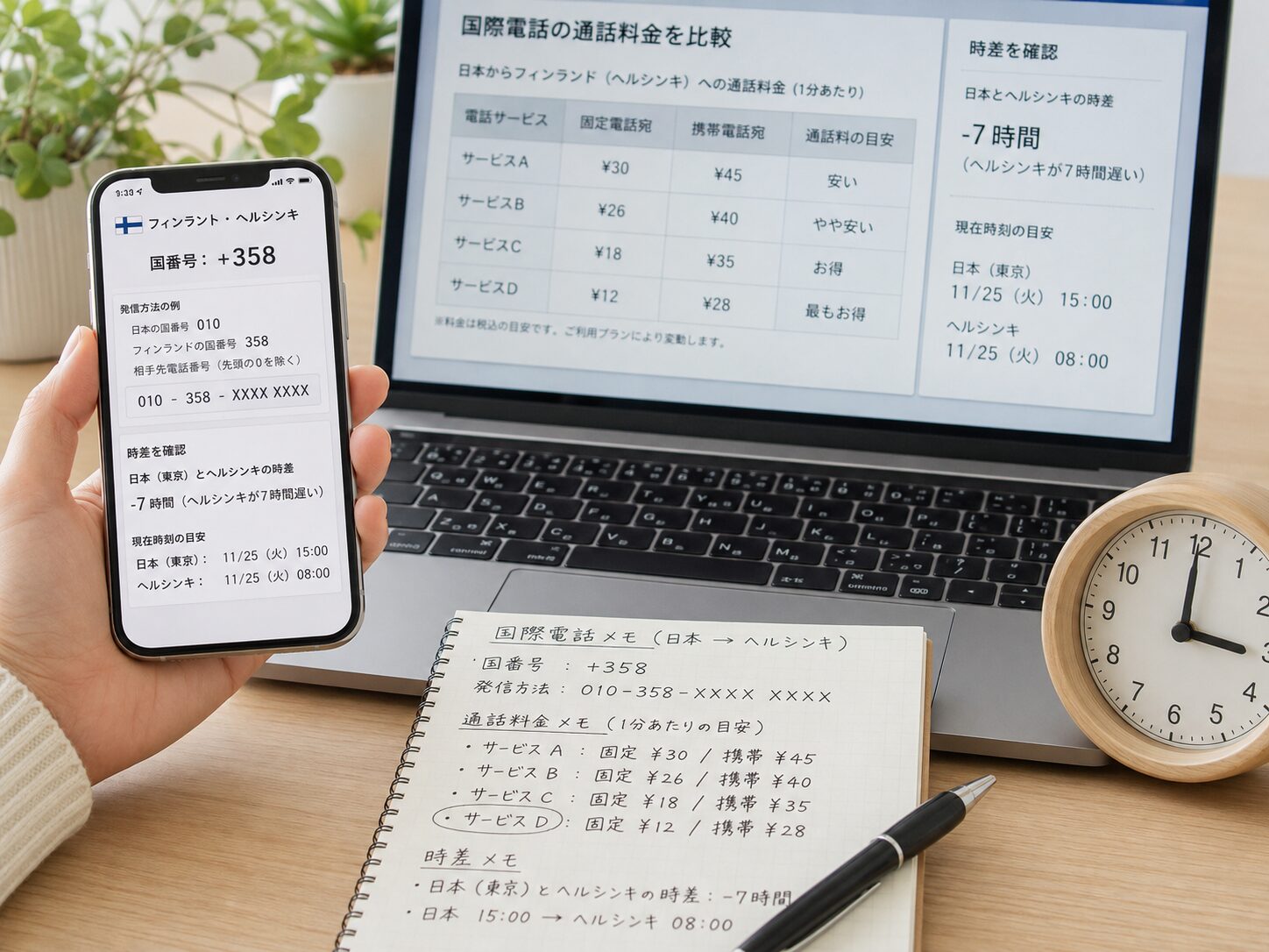 日本からヘルシンキへ国際電話をかける前に料金表と時差を確認しているイメージ。無料写真素材で、スマホ、ノートパソコン、料金メモ、時計が写った画像を使用する
