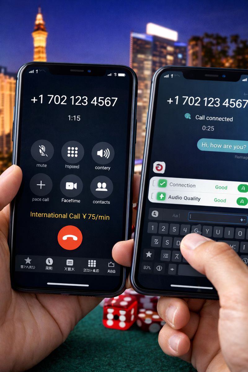 スマートフォンで国際電話や通話アプリを使いながら料金や接続状況を確認しているイメージ画像（無料素材）