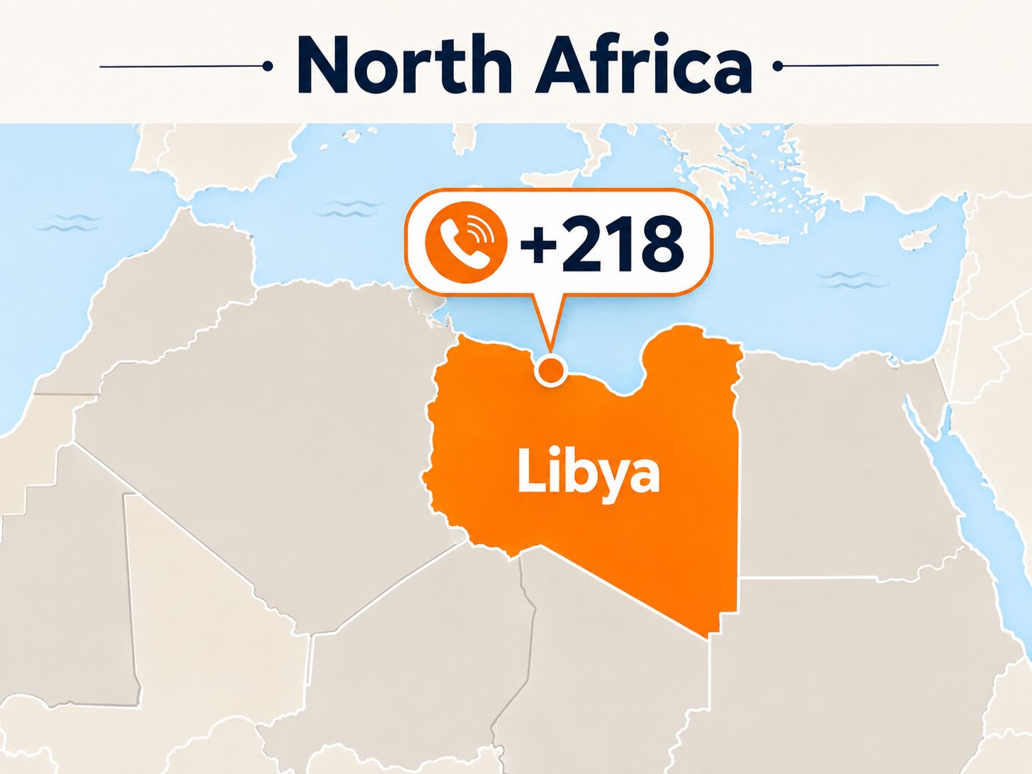 北アフリカにあるリビアの位置と電話の国番号+218を示した地図の写真またはイラスト