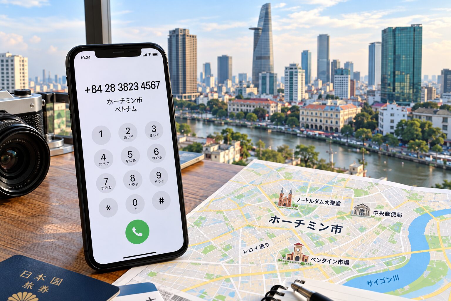 ベトナム・ホーチミン中心部の地図と街並み、スマートフォンの画面に国番号+84と市外局番28が表示されている写真。ホーチミンの国番号を説明する記事向けの無料素材