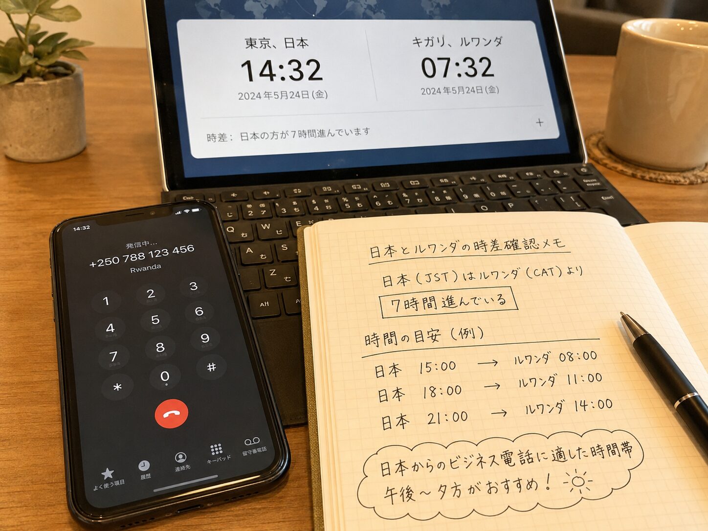 日本とルワンダの時差を確認しながら+250の電話番号へかける時間を決めている写真