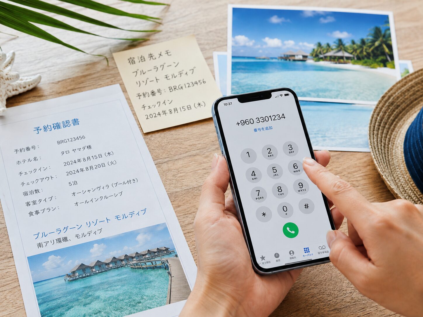 スマートフォンのダイヤル画面に+960から始まる番号を入力し、横にモルディブのホテル予約確認書、リゾート名のメモ、南国の海の写真が置かれているイメージ。無料写真素材で、手元、スマホ、旅行書類、国際電話の雰囲気が分かる画像を使用する