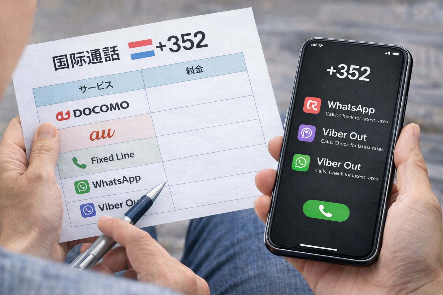国際通話料金や通話アプリを比較しながらルクセンブルクへの連絡方法を考えているイメージ画像を入れる