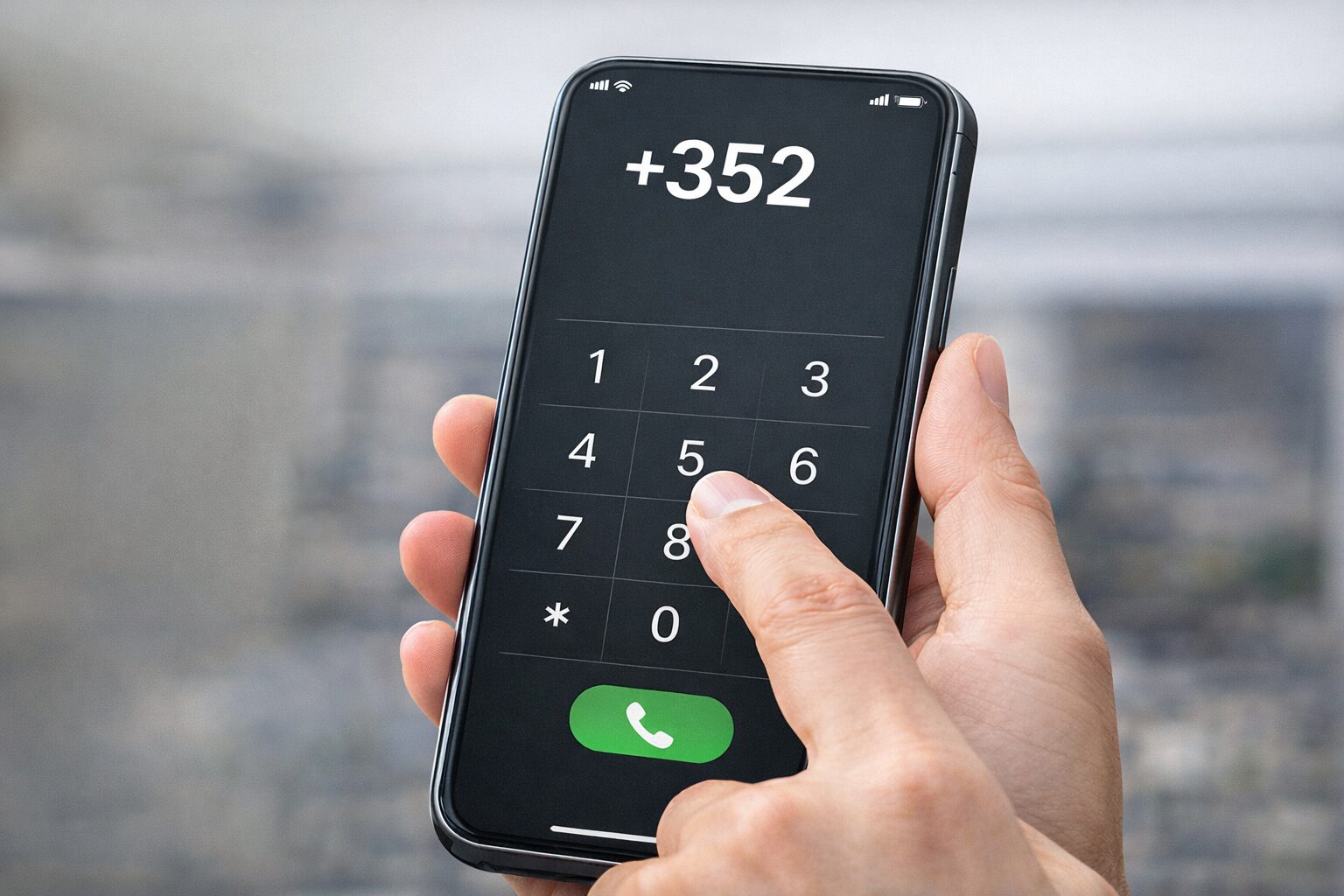 スマートフォンのダイヤル画面でプラス352を入力している様子の無料写真や図解を入れる