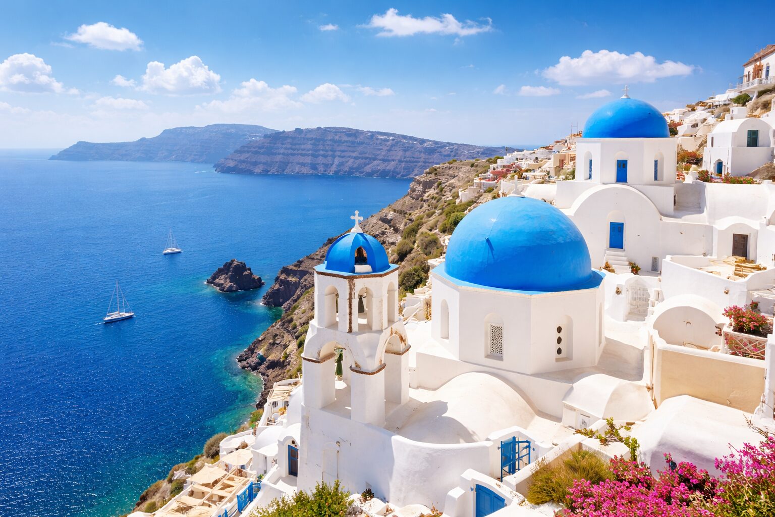 エーゲ海と白い建物の街並みをイメージした写真（無料素材向け）