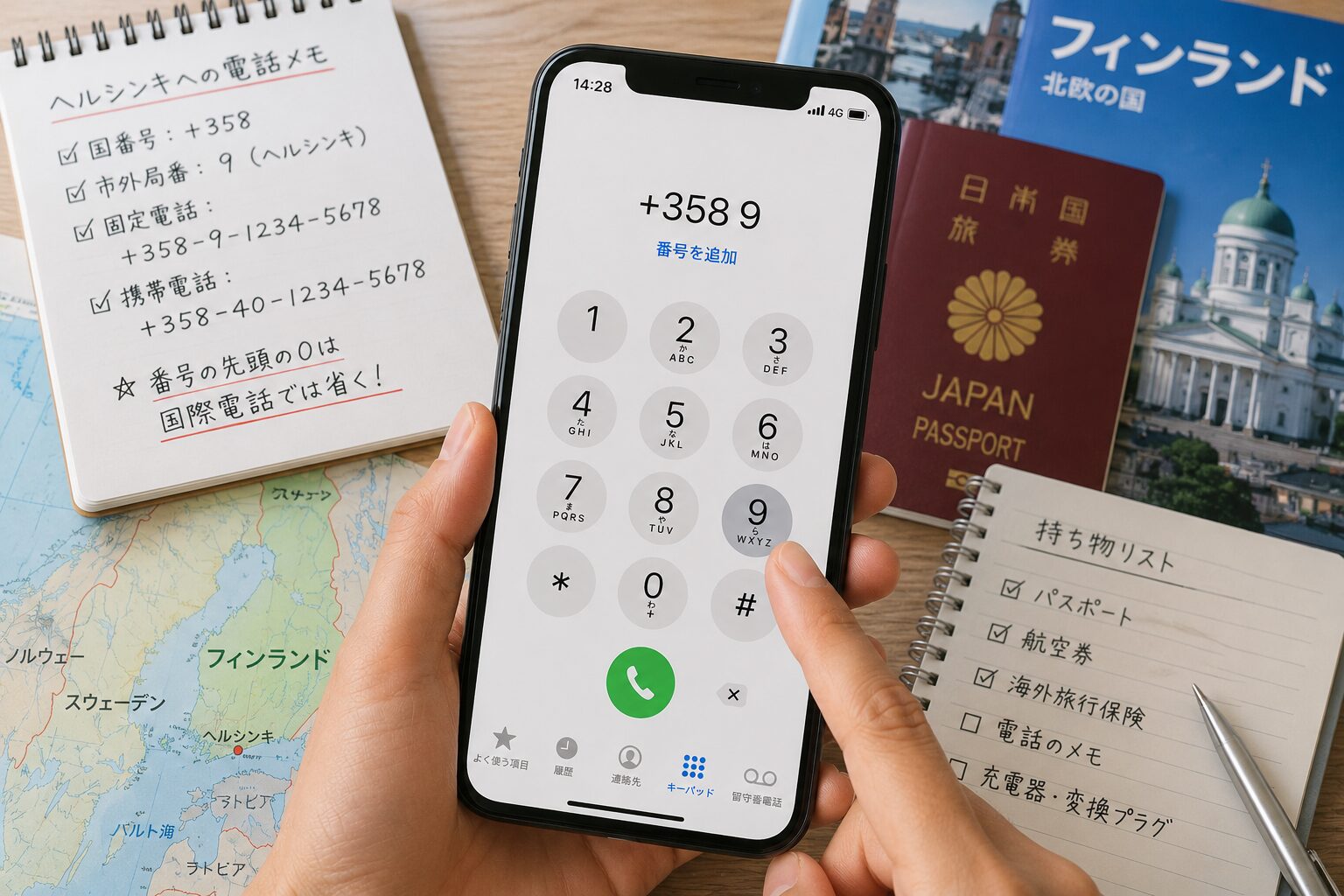スマホのダイヤル画面でフィンランドの国番号+358とヘルシンキの市外局番9を入力しているイメージ。無料写真素材で、スマホ、北欧の地図、メモ、旅行書類が自然に写った画像を使用する
