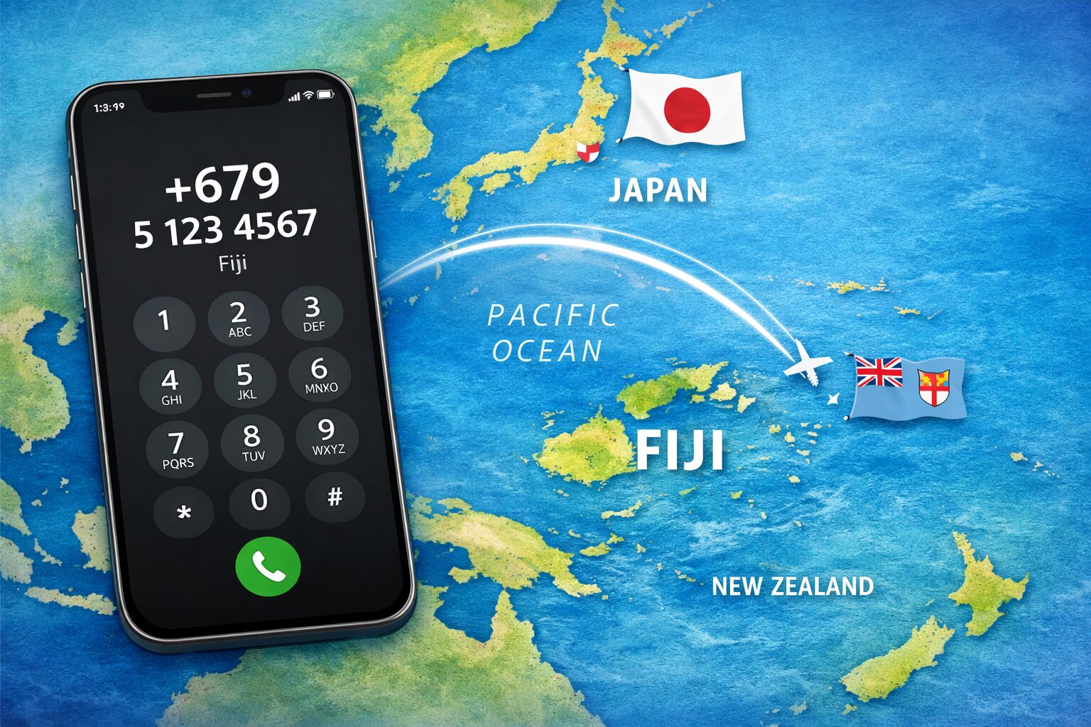 フィジーの国番号+679と日本からの発信イメージが分かる、スマートフォンのダイヤル画面や南太平洋の地図を組み合わせた無料画像素材を中央寄せで配置する