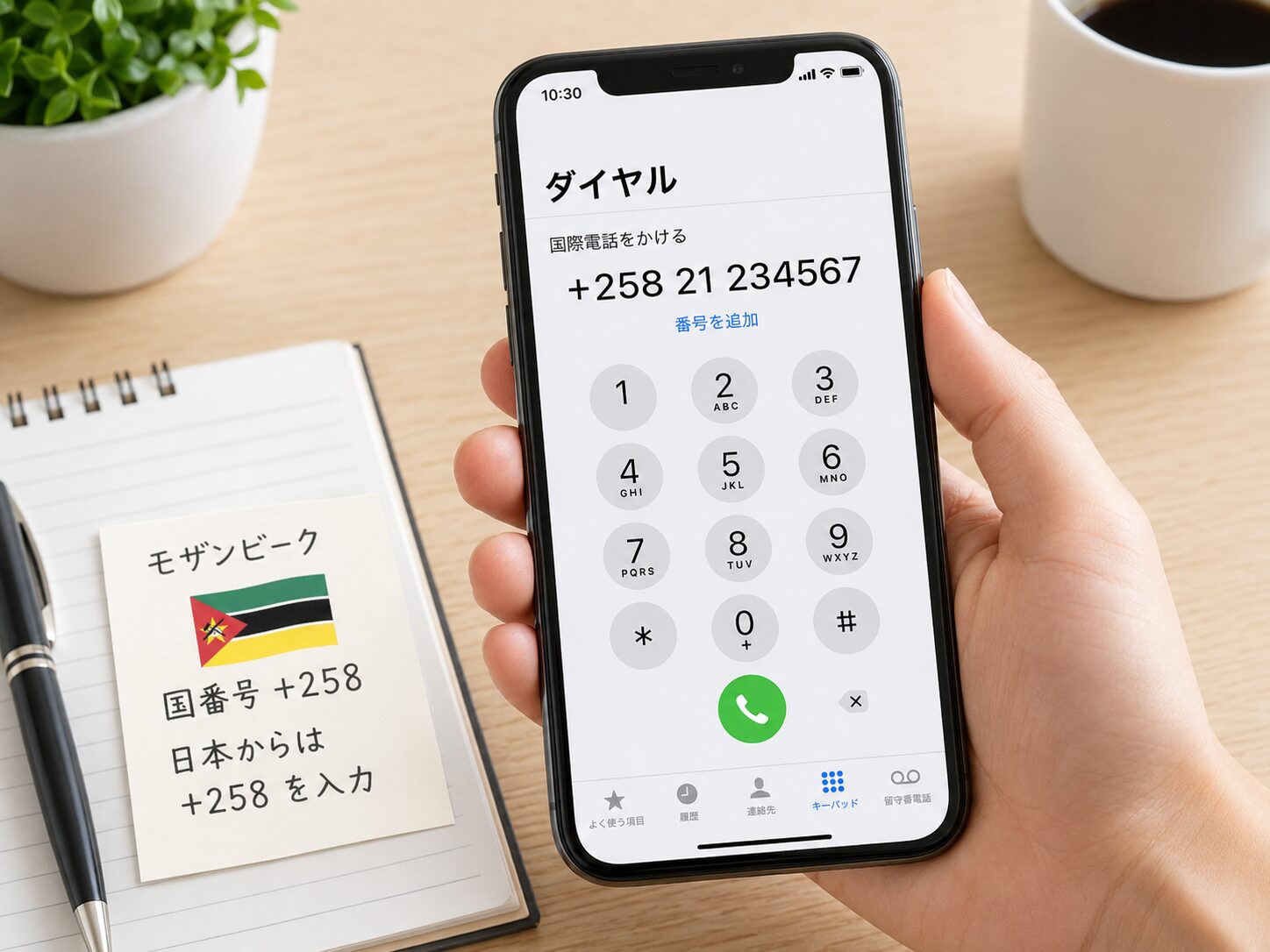スマートフォンでモザンビークの国番号+258を入力して国際電話をかけるイメージ