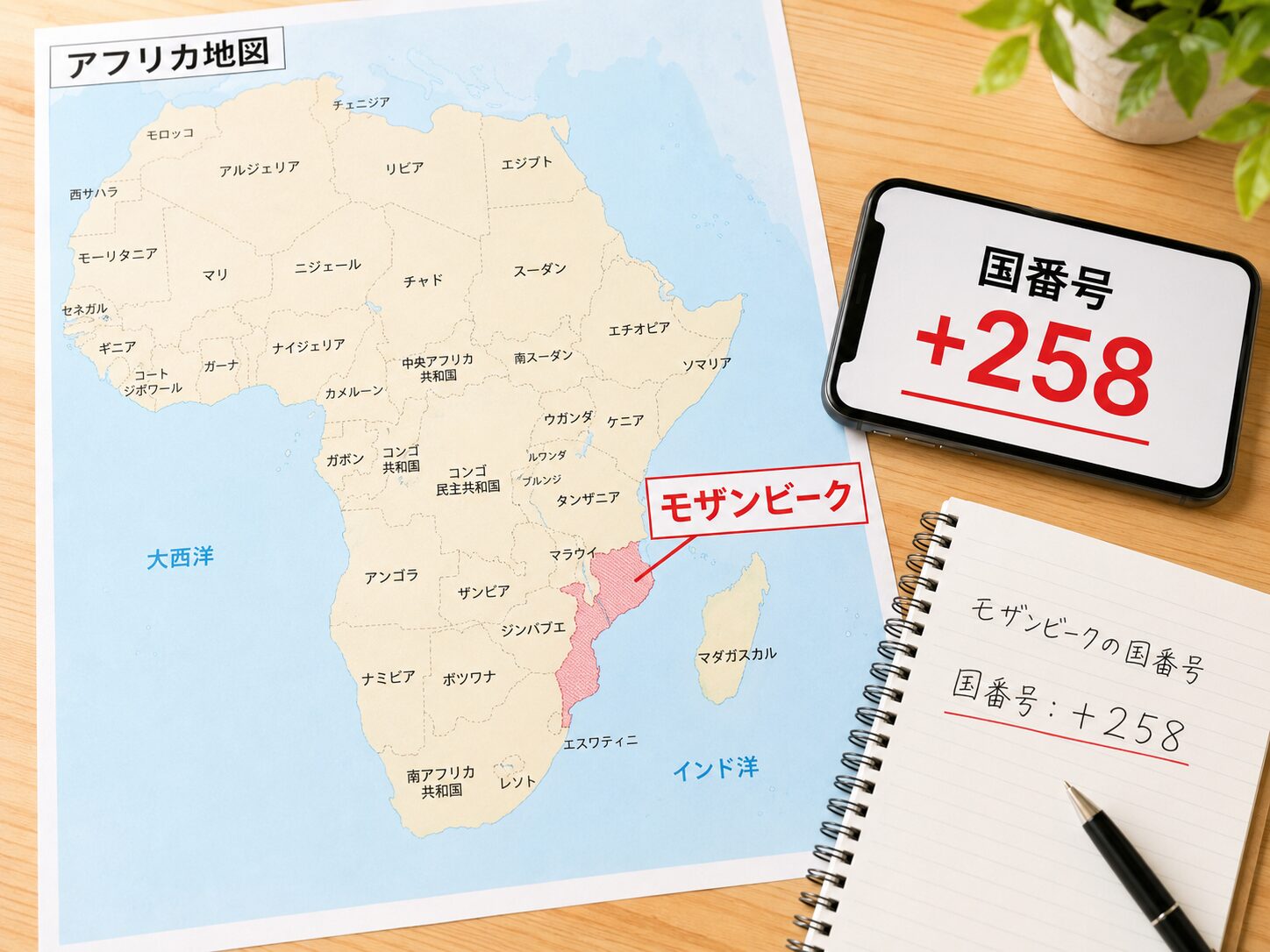 モザンビークの位置と国番号+258を確認している地図のイメージ