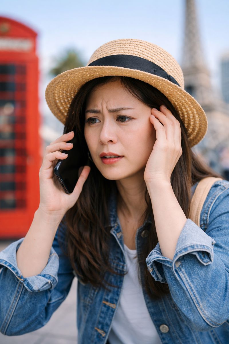 海外からスマートフォンで国際電話をかけようとして困っている様子のイメージ写真（無料素材向け）