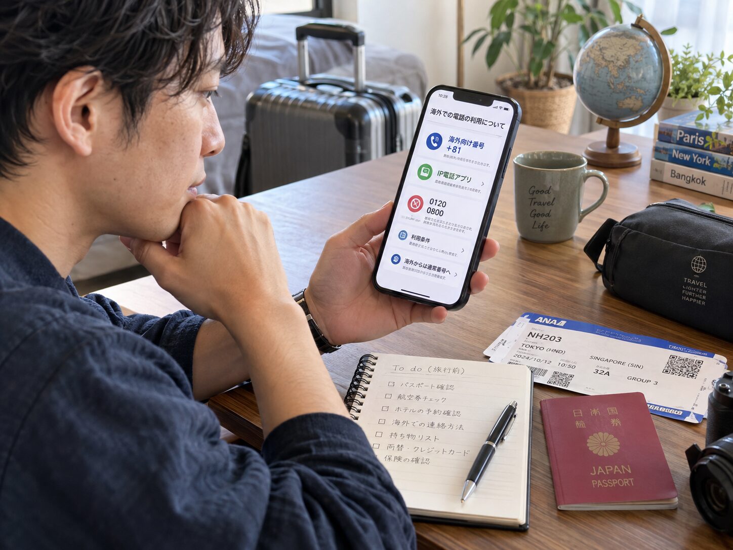 旅行前にスマートフォンで海外向け電話番号、IP電話アプリ、0120と0800の利用条件を確認している人物の写真