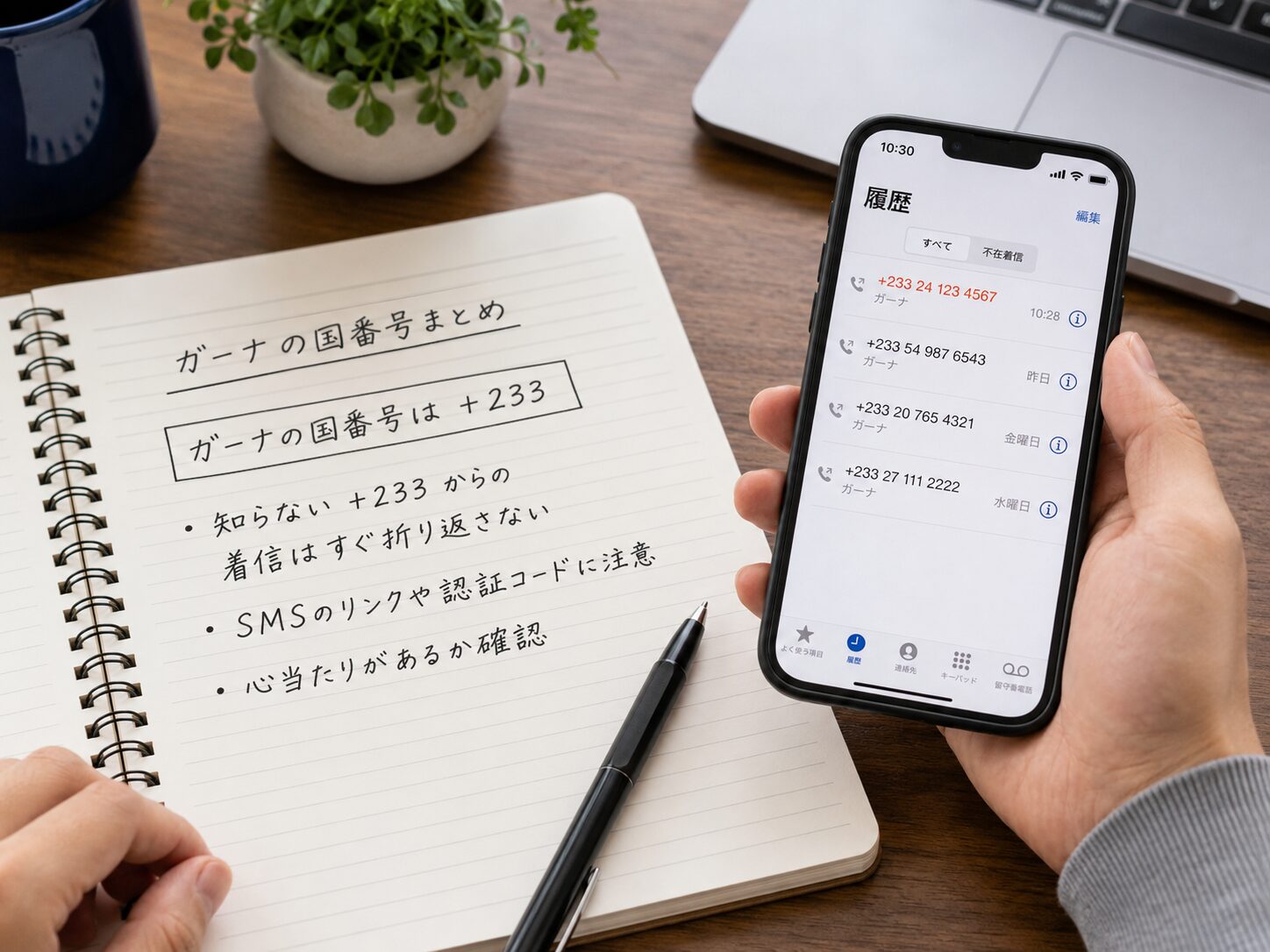 ノートにガーナの国番号+233と着信確認の注意点を整理しながらスマートフォンの着信履歴を見ているイメージ