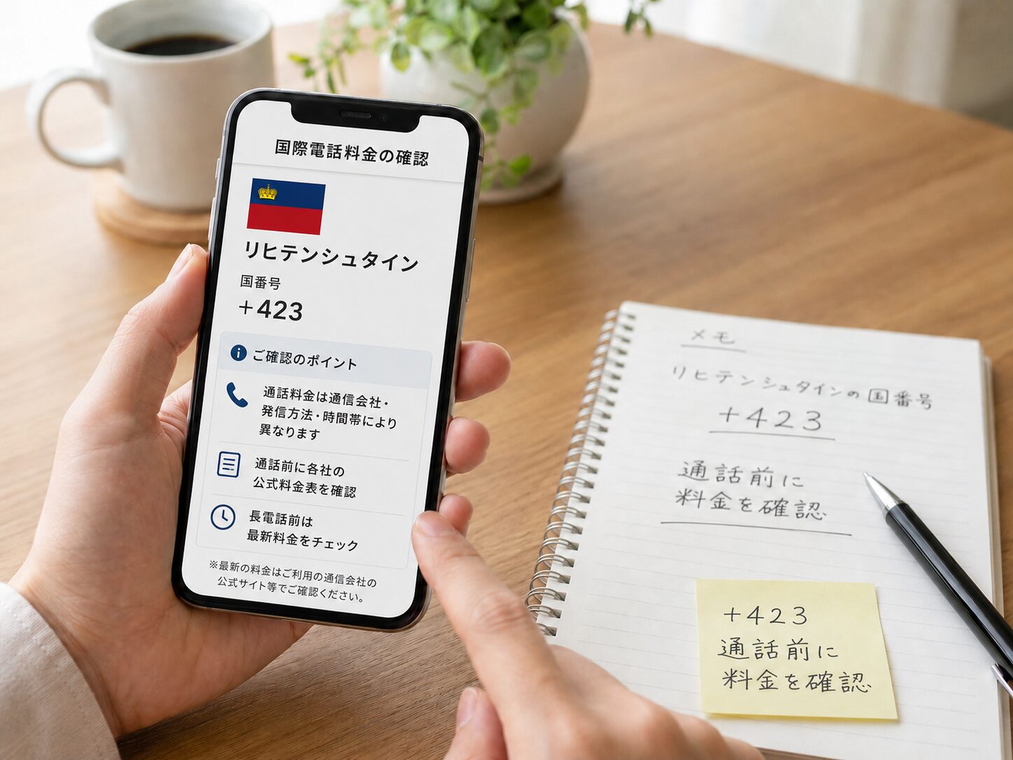 リヒテンシュタインへの国際電話料金をスマートフォンで確認しているイメージ