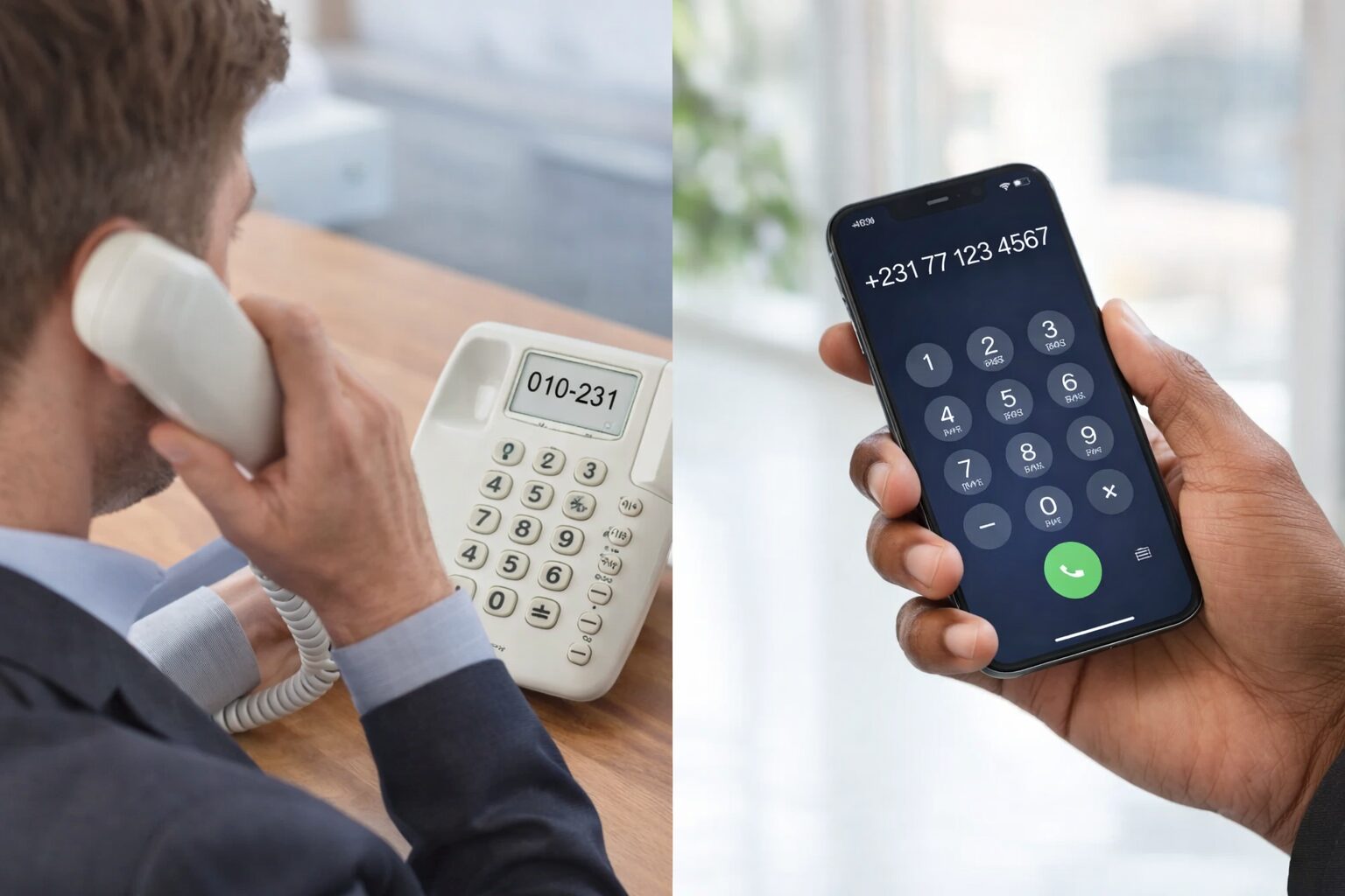 固定電話とスマートフォンで国際電話をかけているイメージ写真（無料素材サイトで入手できそうなもの）