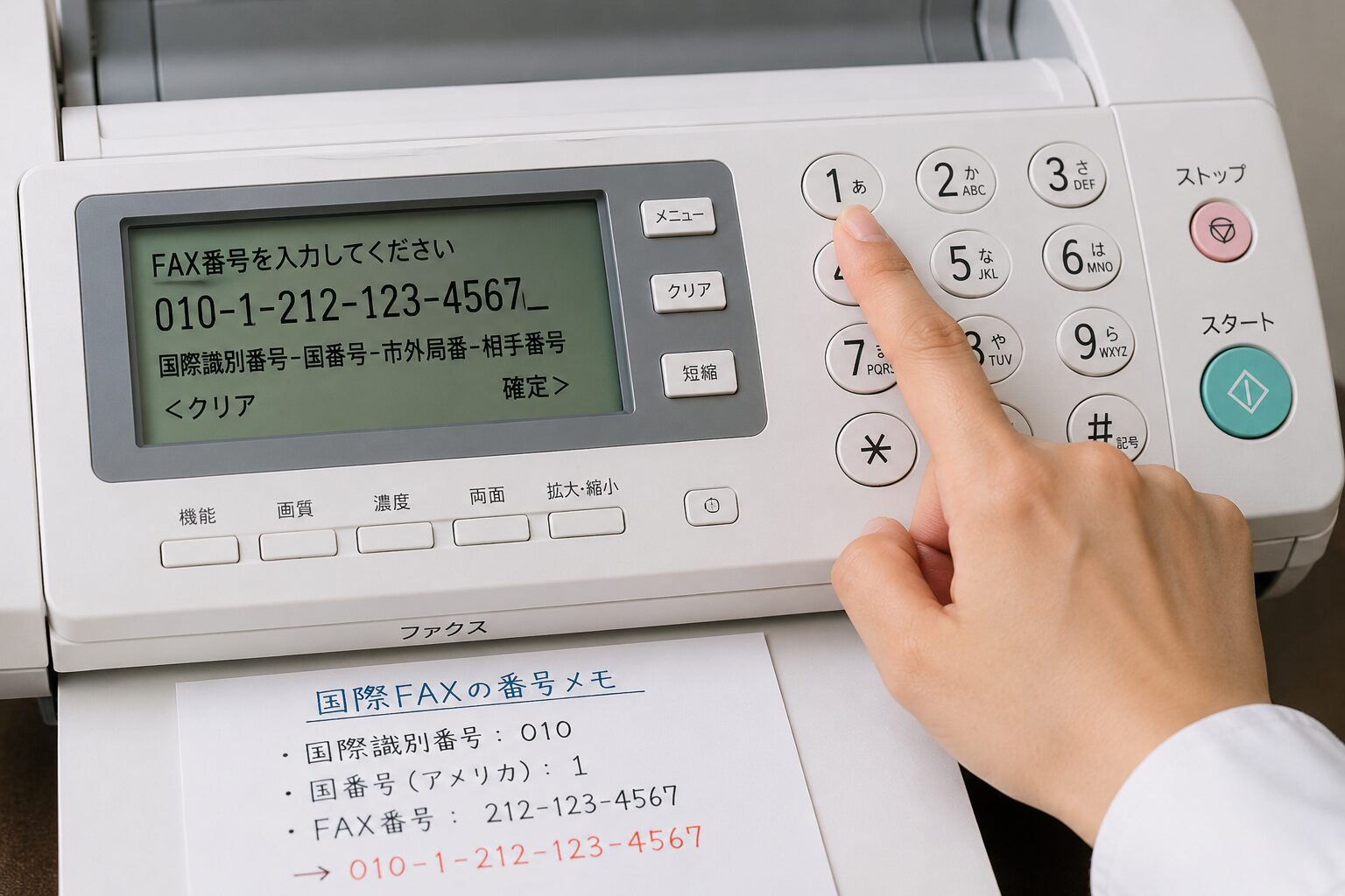 FAX機のダイヤル画面に010、国番号、海外のFAX番号を入力している手元の写真