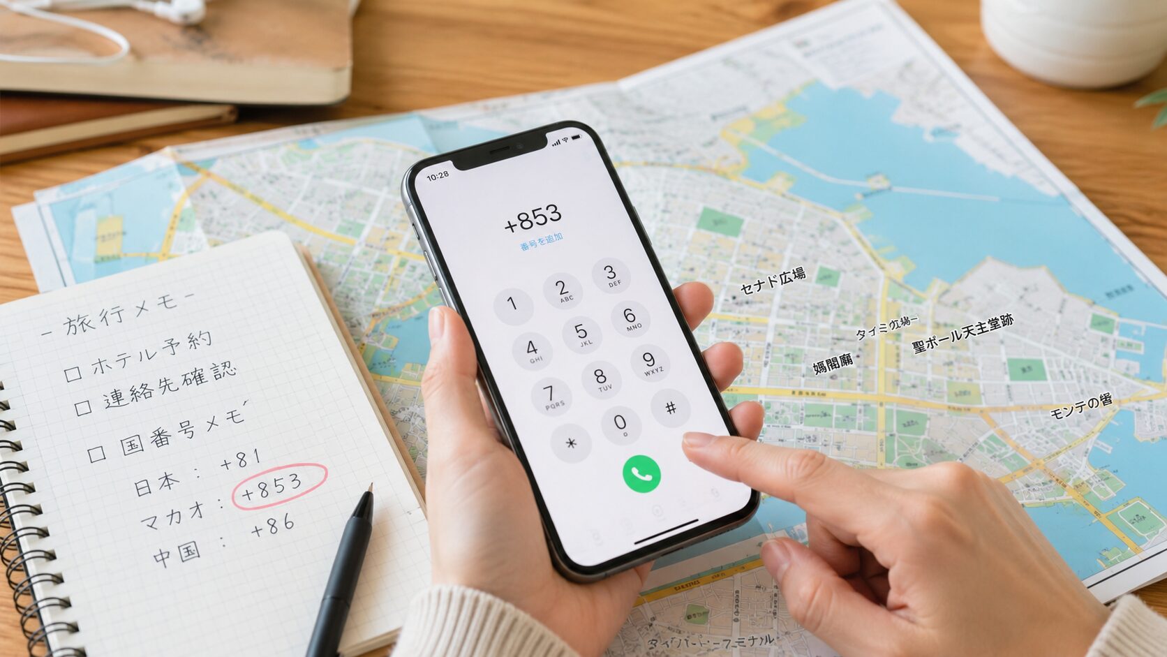 スマホのダイヤル画面にマカオの国番号+853を入力し、旅行メモとマカオの地図を確認しているイメージ
