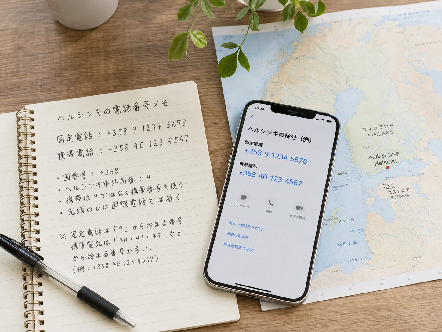 ヘルシンキの電話番号を+358形式でメモし、固定電話番号と携帯電話番号の違いを確認しているイメージ。無料写真素材で、スマホ、メモ帳、北欧の地図、ペンが写った画像を使用する