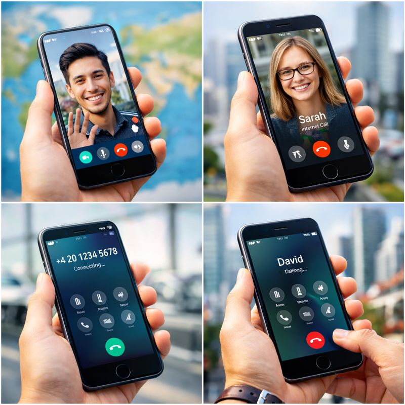 通話アプリで海外と通話しているスマートフォンの写真（無料素材向け）