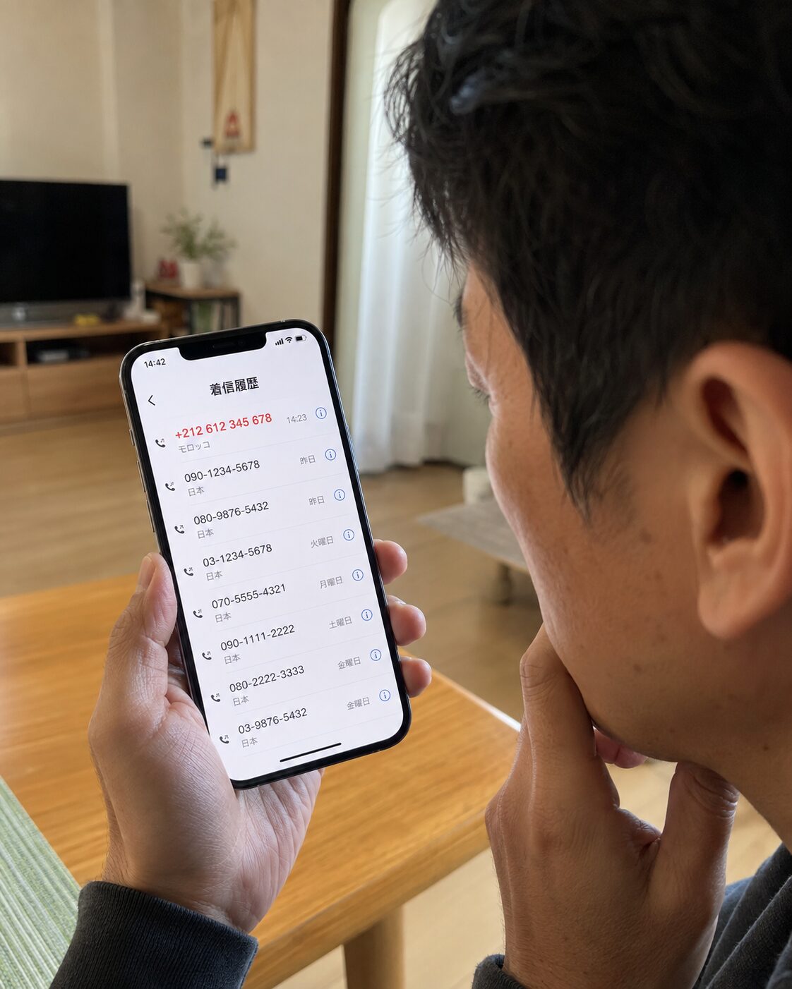 日本の自宅でスマートフォンに表示されたモロッコのプラス212からの着信履歴を確認している人物の写真