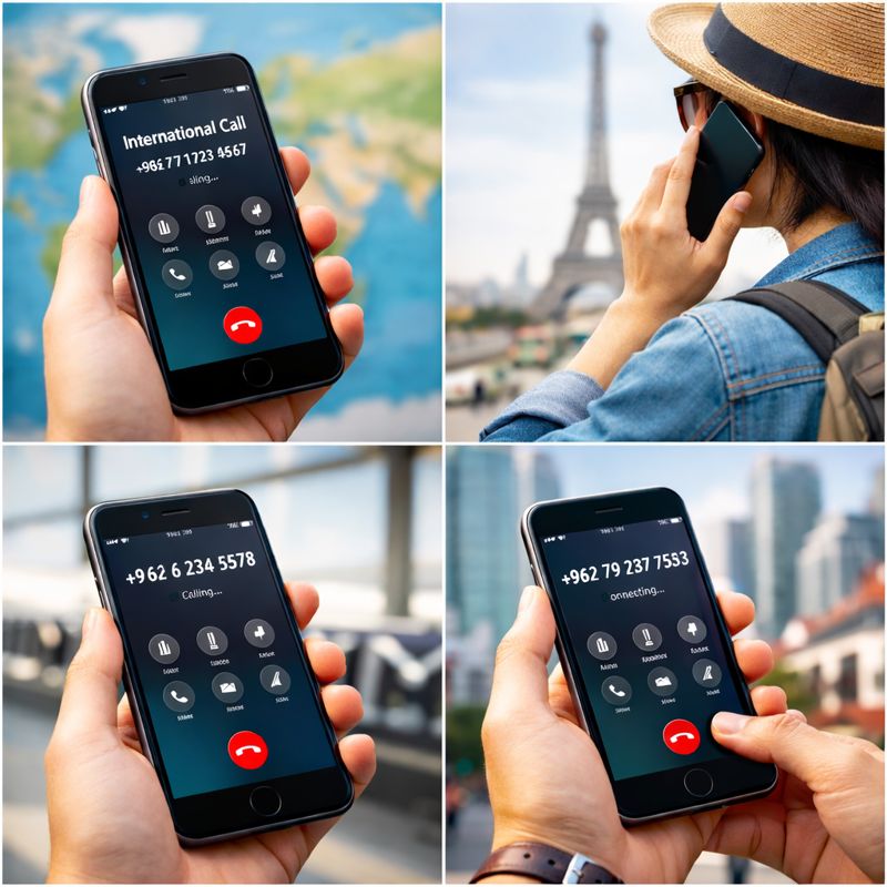スマートフォンで海外へ国際電話をかけている様子の写真（無料素材向け）