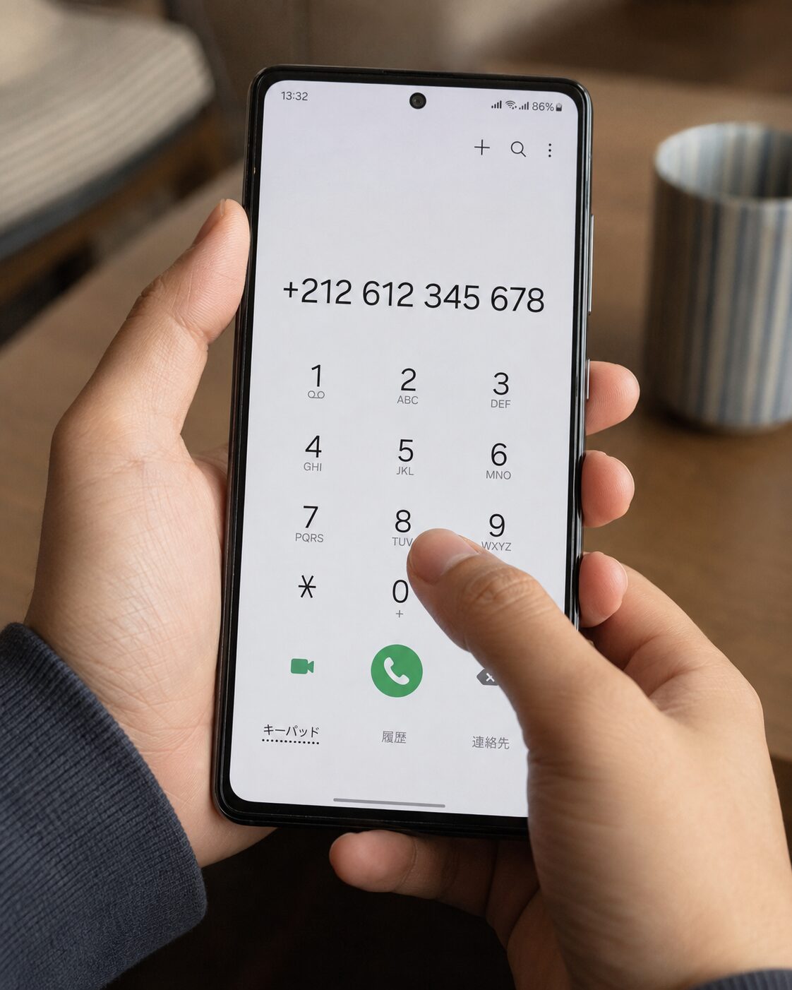 日本のスマートフォンでプラス212とモロッコの9桁の電話番号を入力している手元の写真
