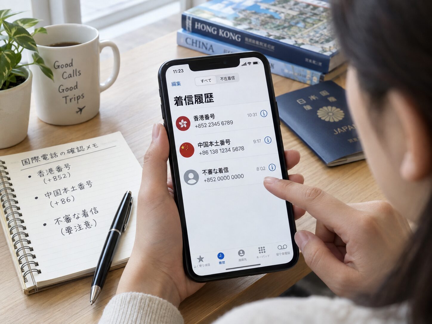 スマートフォンに+852と+86の国際着信が表示され、香港番号、中国本土番号、不審な着信を比較して確認している人物の写真。