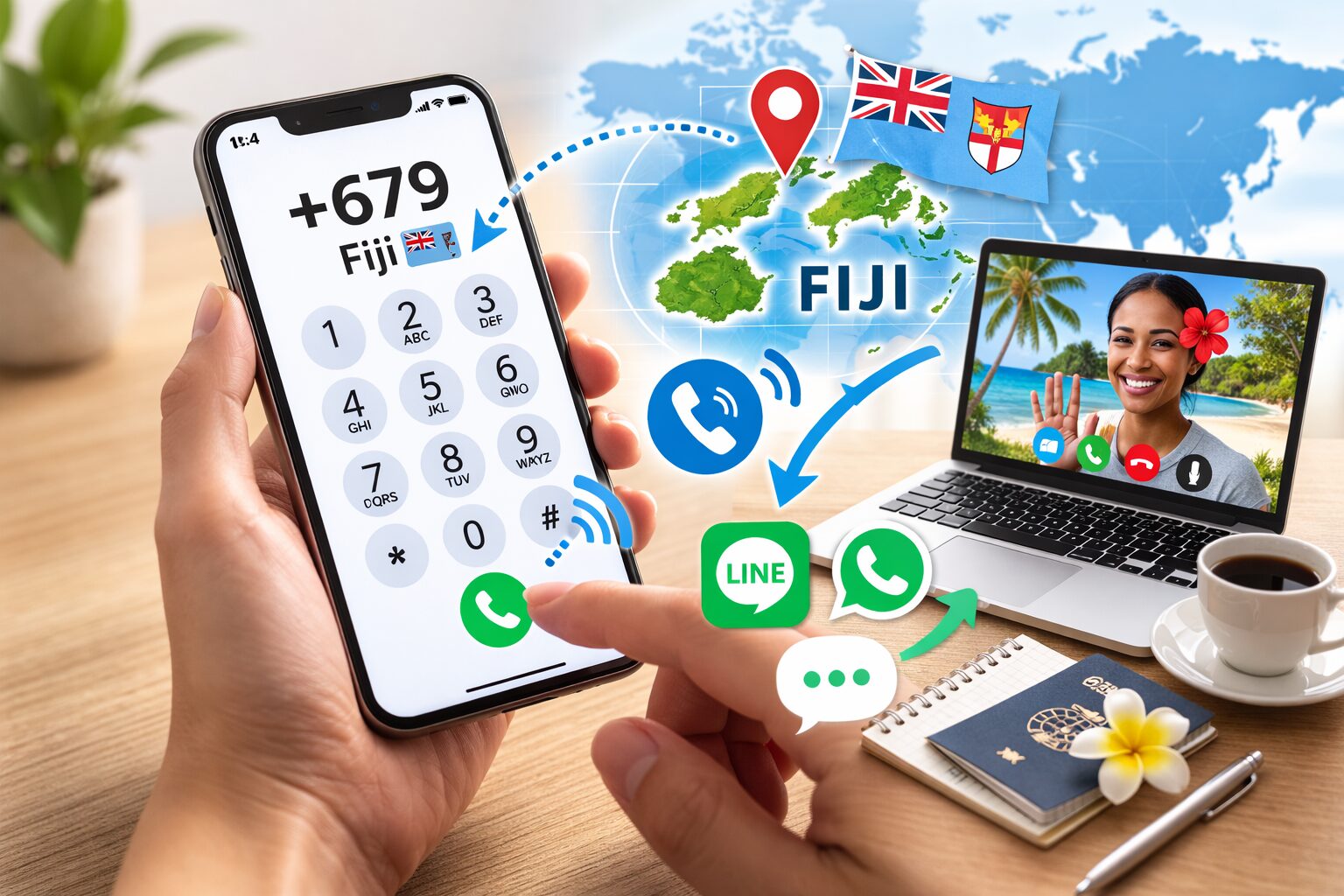 スマートフォンのダイヤル画面で+679を入力してフィジーへ電話をかける様子や、通話アプリで海外通話をしている様子が分かる無料画像素材を中央寄せで配置する