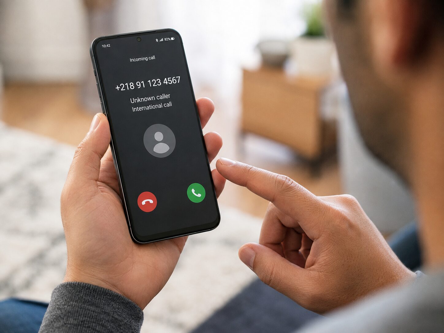 スマートフォンに+218からの知らない国際電話が着信し、折り返さず番号を確認している手元の写真