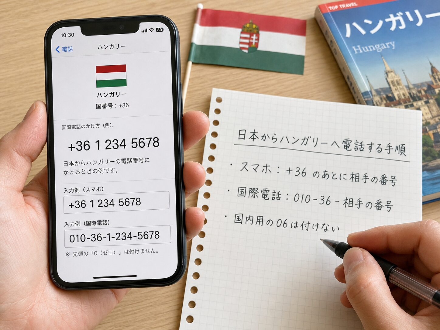 日本からハンガリーへ電話する+36と010の入力手順をスマートフォンとメモで確認している写真