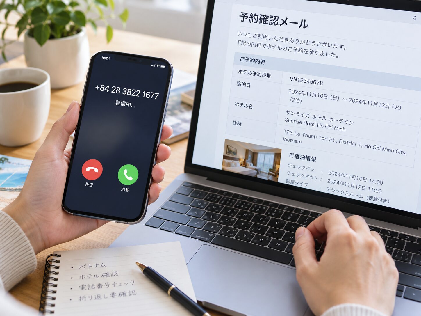 スマートフォンに+84から始まるベトナムの国際電話着信が表示され、利用者が番号と予約メールを確認している写真。海外番号の迷惑電話対策向けの無料素材