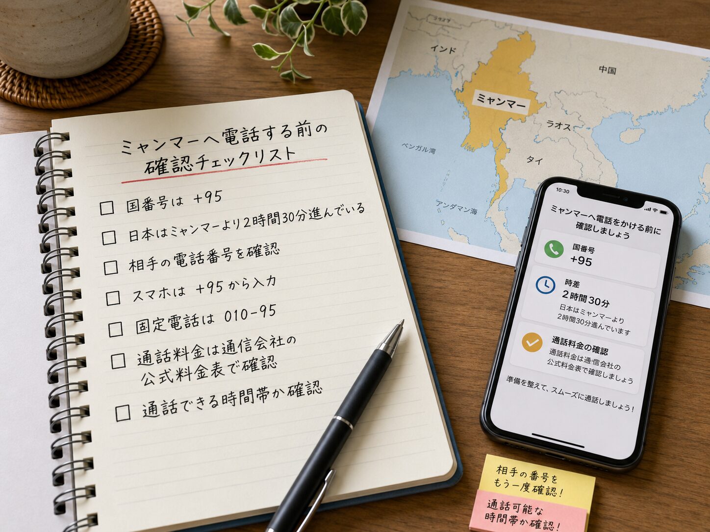 ミャンマーへ電話する前に国番号や時差や料金を確認しているチェックリストのイメージ