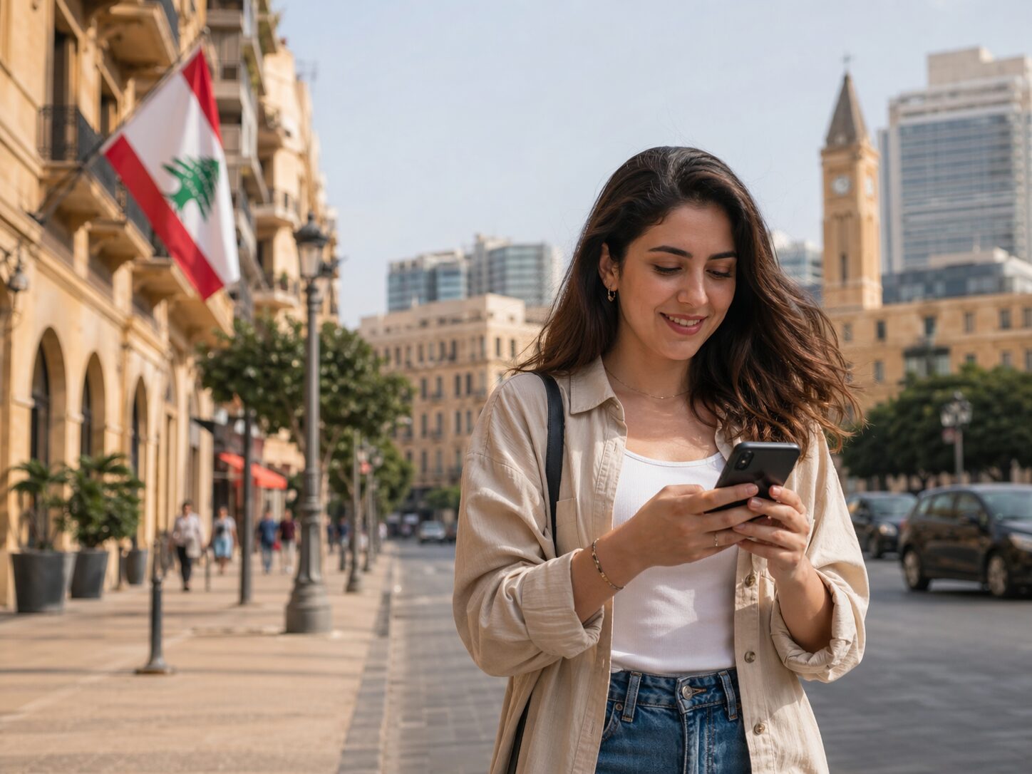 レバノンの街並みや通信を連想しやすい風景とスマートフォン利用の雰囲気が伝わる無料写真を配置