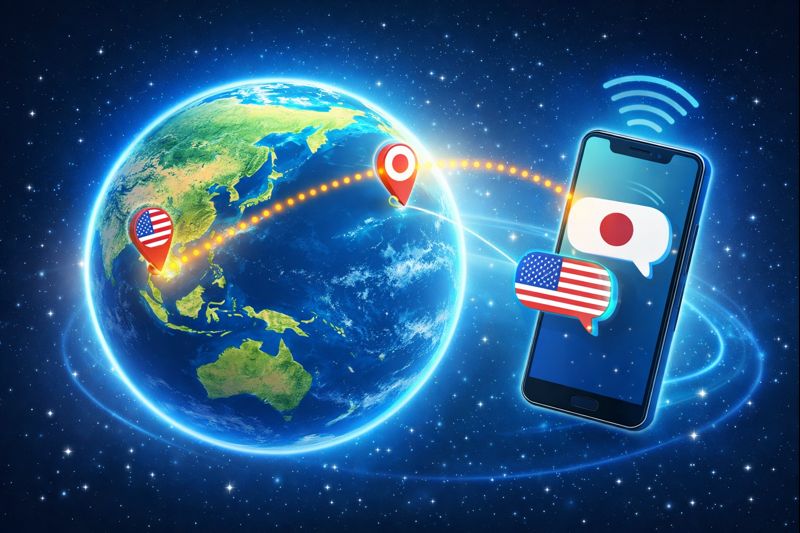 海外と日本をつなぐ通信イメージを表現した地球とスマートフォンのイラスト風写真（無料素材向け）