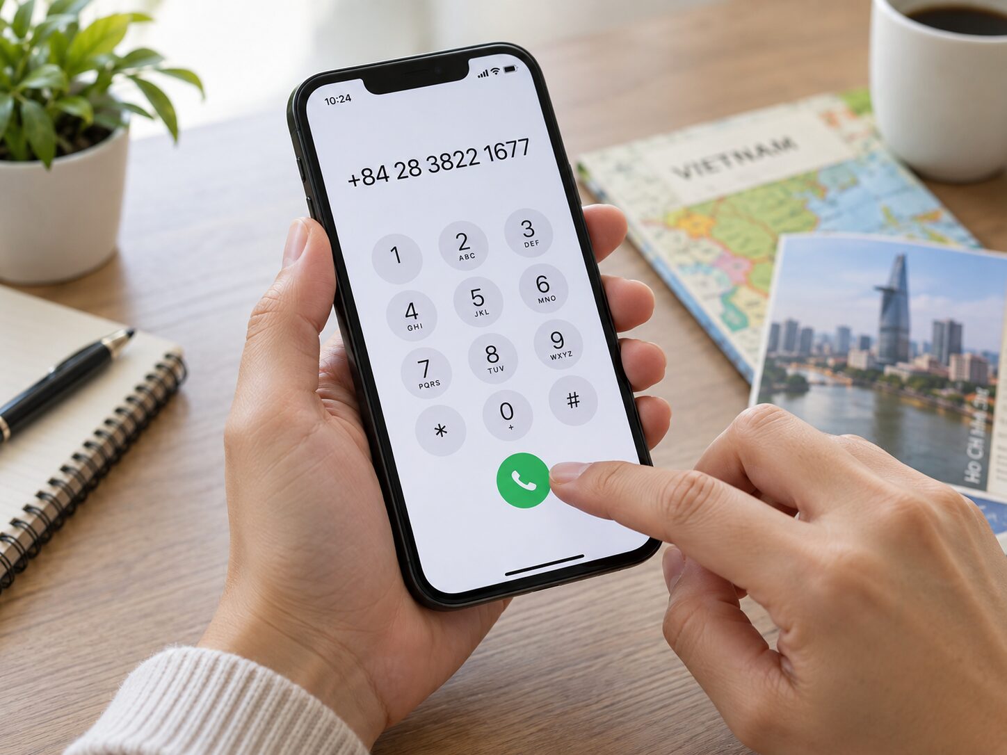 スマートフォンの電話アプリで+84 28から始まるホーチミンの固定電話番号を入力している手元の写真。国際電話の入力手順を説明できる無料素材