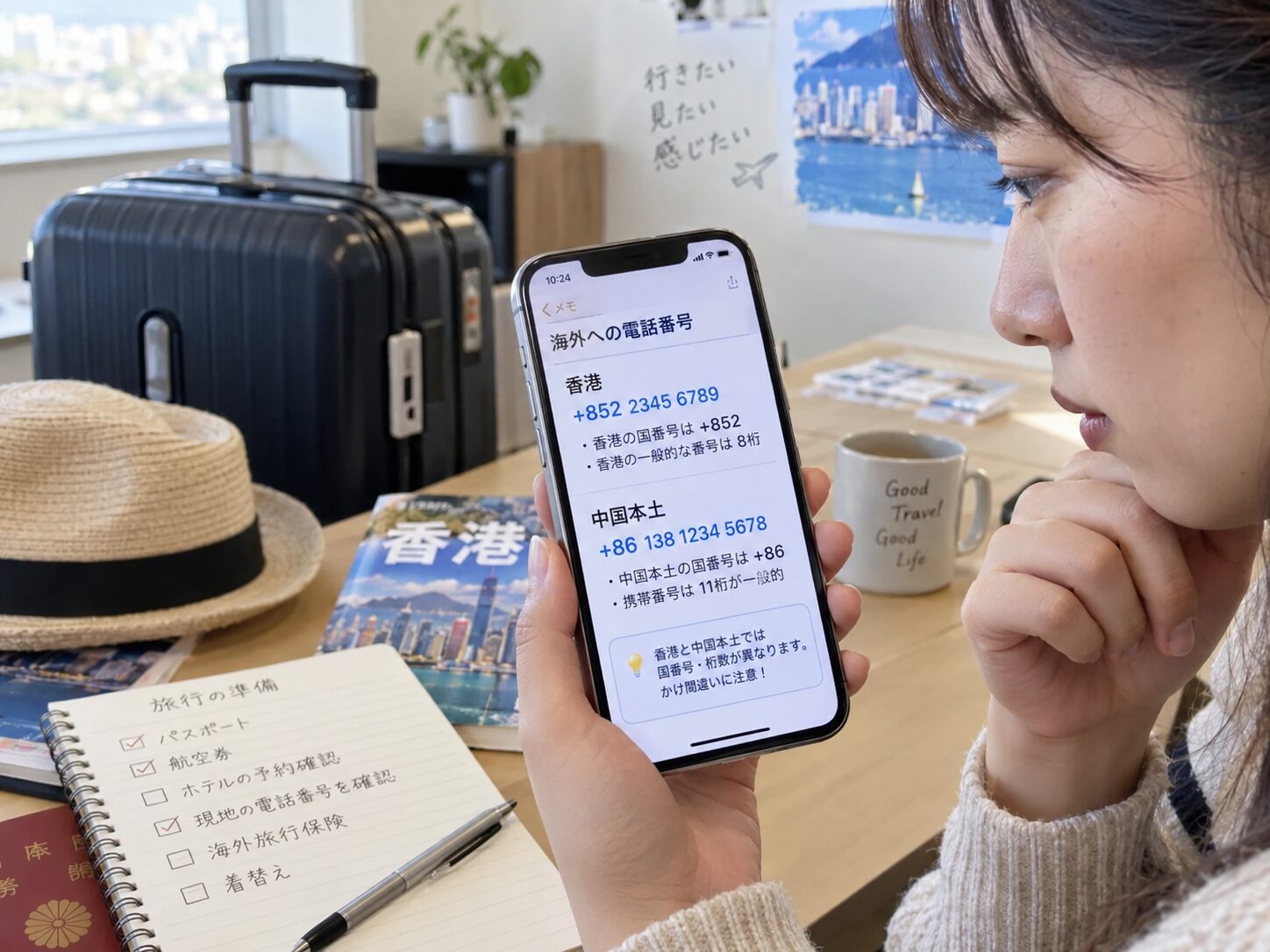日本のスマートフォンで香港の国番号+852と8桁の電話番号を入力し、中国本土の+86との違いを確認している旅行者の写真。
