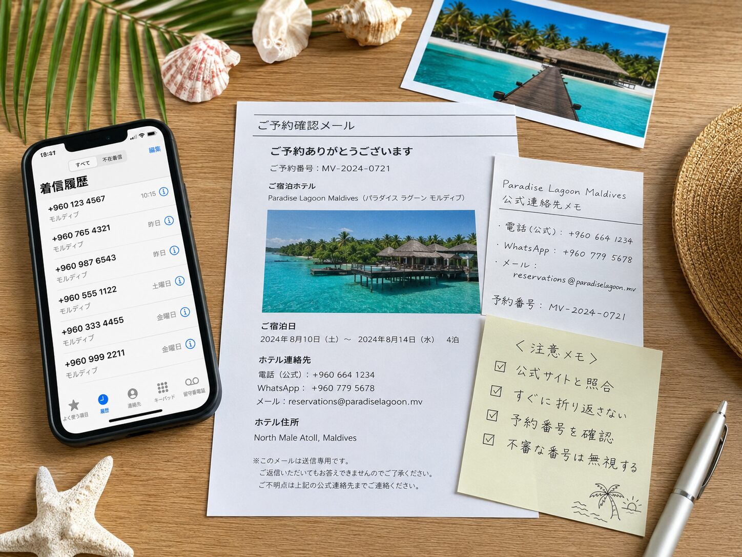 スマートフォンに+960から始まる着信履歴が表示され、横にモルディブ旅行の予約メール、公式連絡先メモ、注意メモを並べて照合しているイメージ。無料写真素材で、スマホ、着信履歴、旅行書類、メモが自然に写った画像を使用する