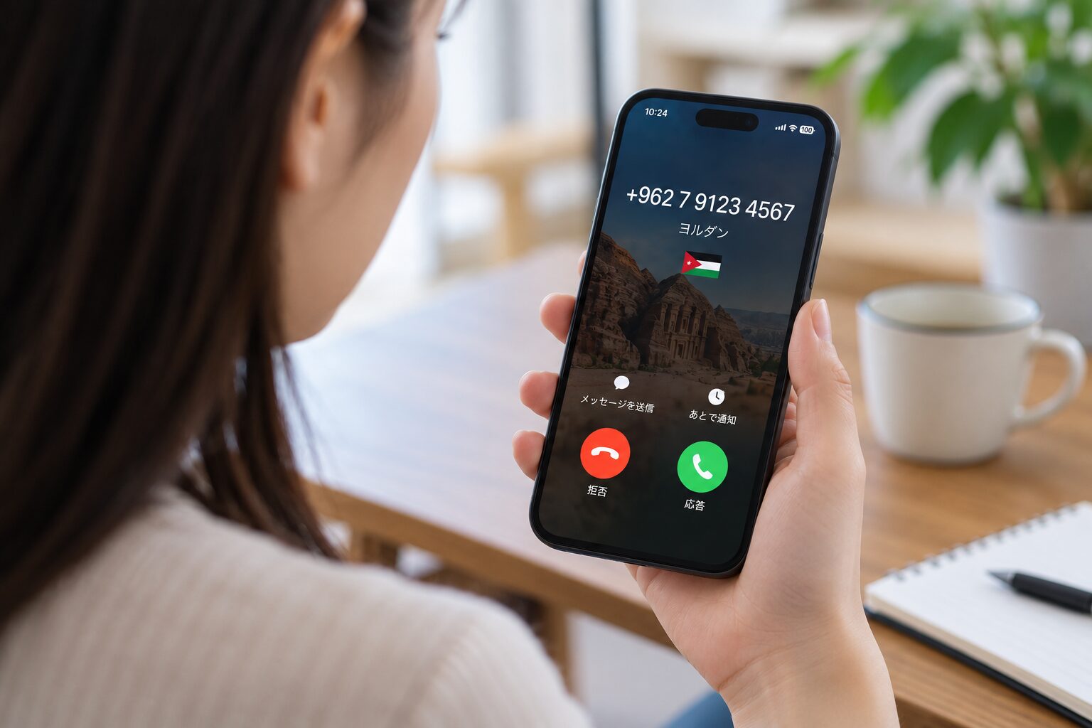 スマートフォンに+962から始まるヨルダンの国際電話の着信が表示され、利用者が番号を確認している写真。海外番号の迷惑電話対策に合う無料素材
