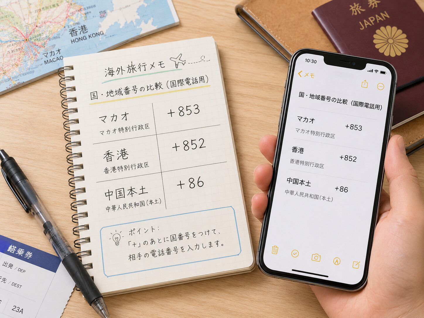 マカオ香港中国本土の国番号+853+852+86を比較している旅行メモとスマホのイメージ
