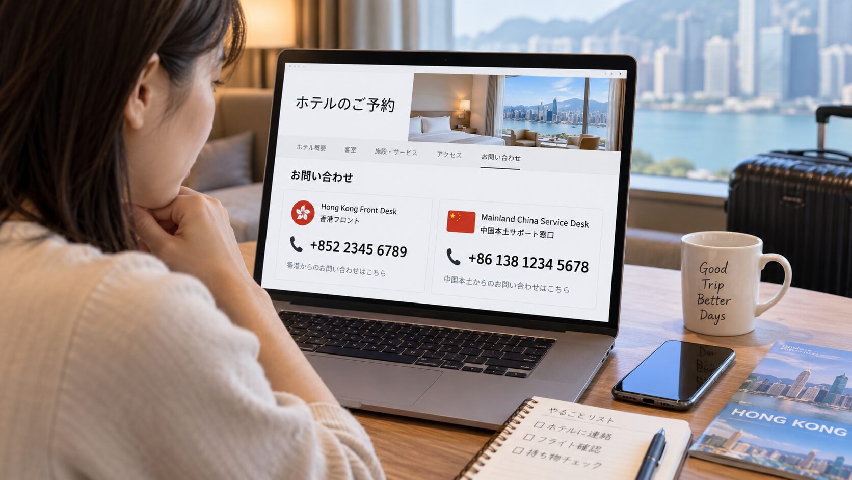 香港のホテル予約ページに+852の香港番号と+86の中国本土側窓口が並び、拠点名を確認している旅行者の写真。