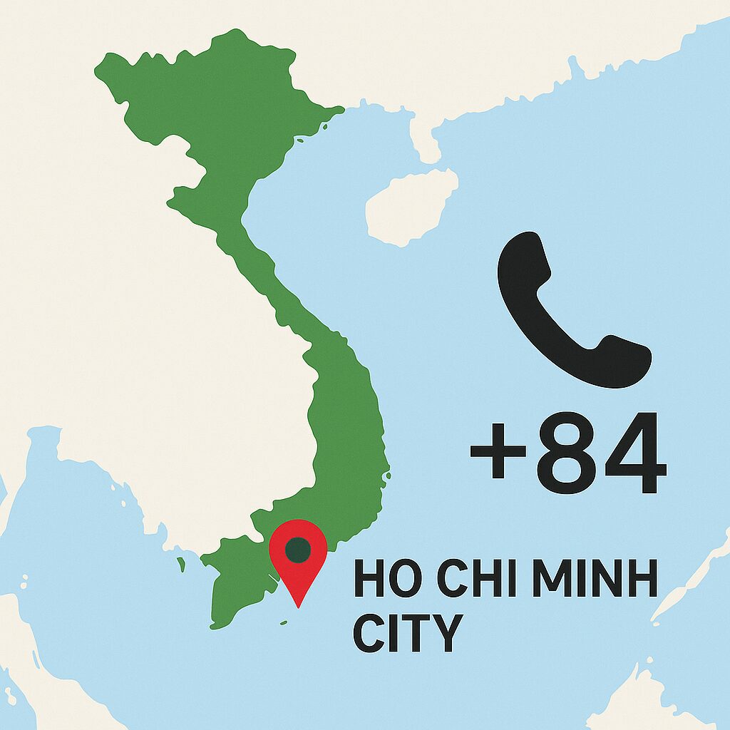 ベトナム・ホーチミンの地図と国際電話を示すイメージ画像