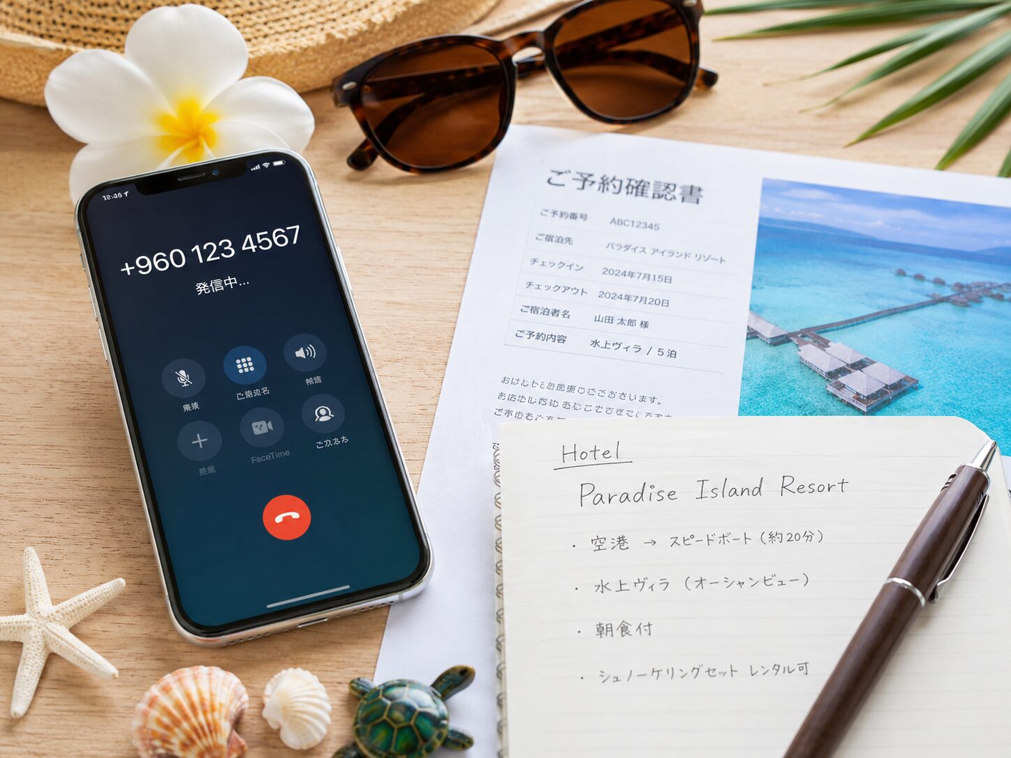 スマートフォンの画面に+960から始まる電話番号が表示され、横にモルディブ旅行の予約確認書、ホテル名のメモ、南国リゾートの小物が置かれている国際電話のイメージ。無料写真素材で、スマホ、旅行メモ、国際電話番号が分かる画像を使用する