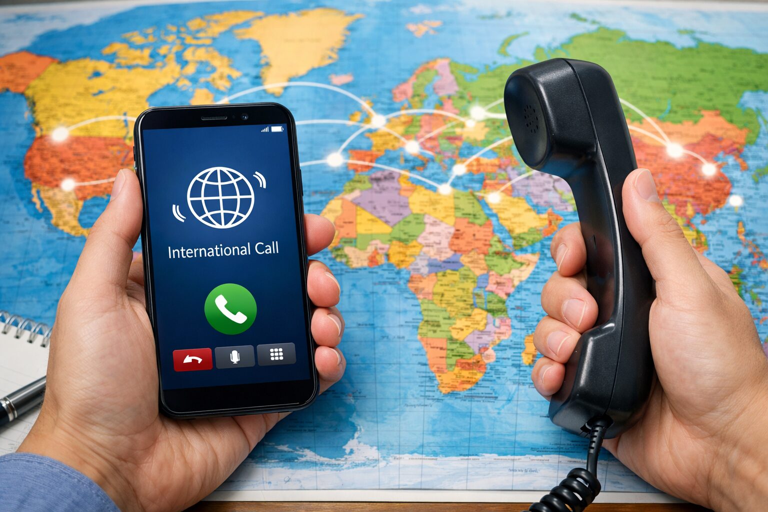 世界地図とスマートフォンで国際電話をイメージした写真